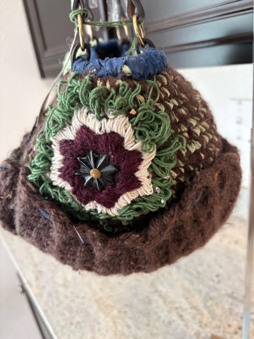 Brown Knit Shoulder Bag with Green Accent and Pom Detail - Picture 3 of 4